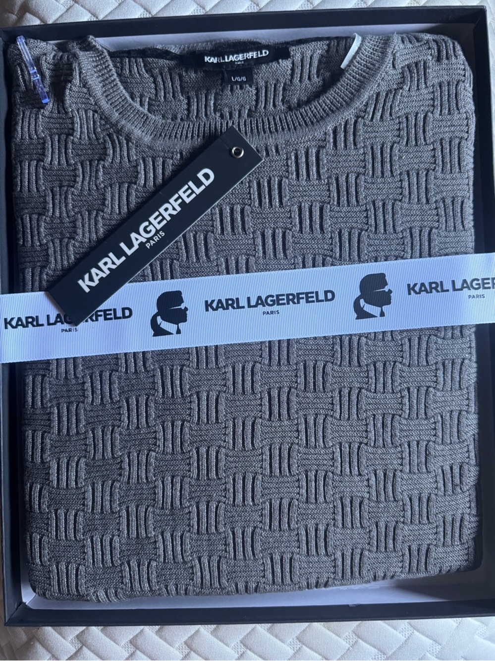 Karl Lagerfeld Men's Charcoal Gray Textured Crewneck Sweater
